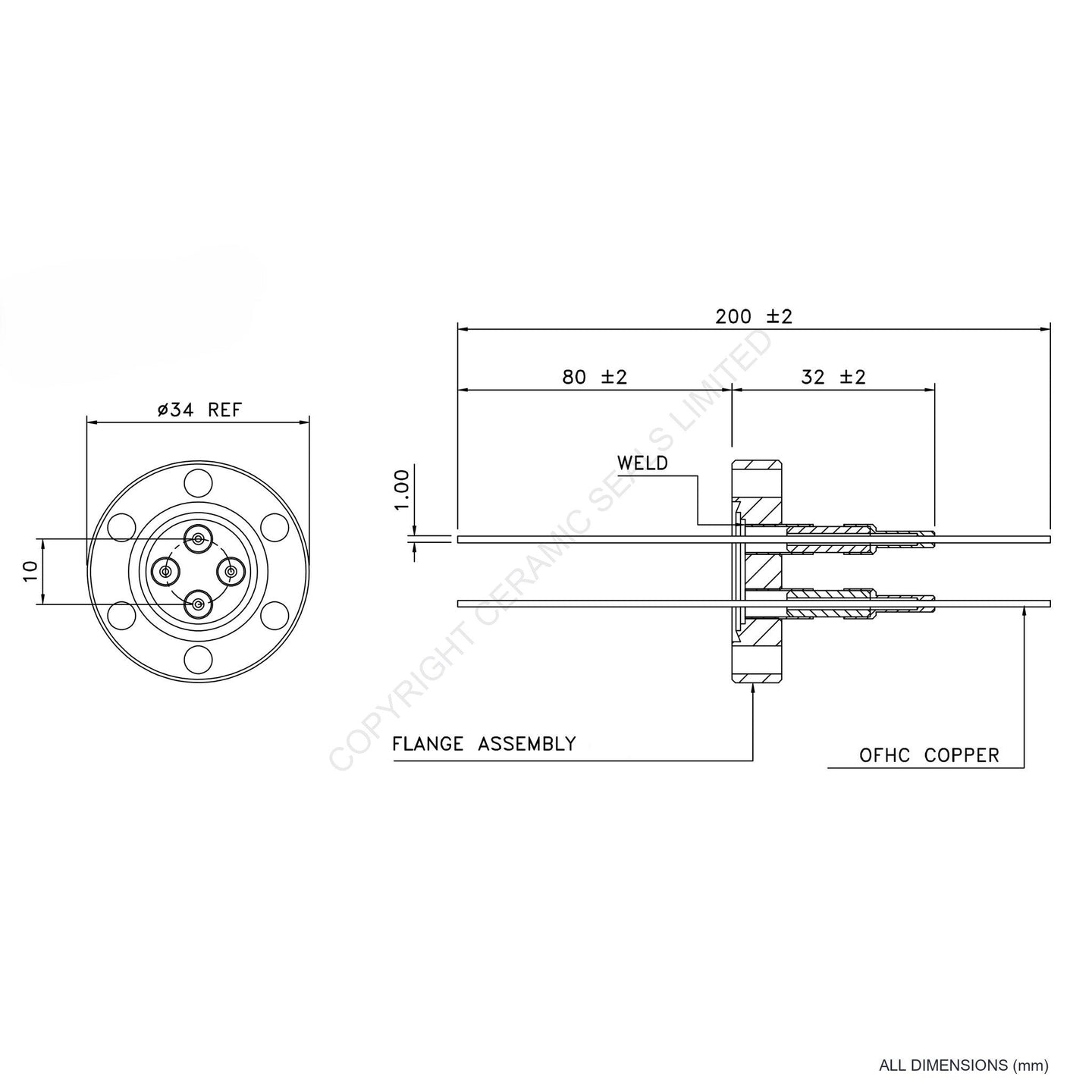 2.5kV Four Way Feedthrough Flanged