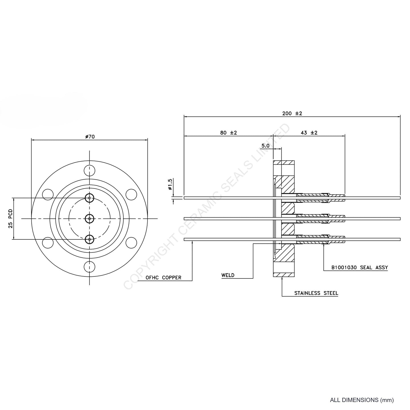 5kV Three Way Feedthrough Flanged