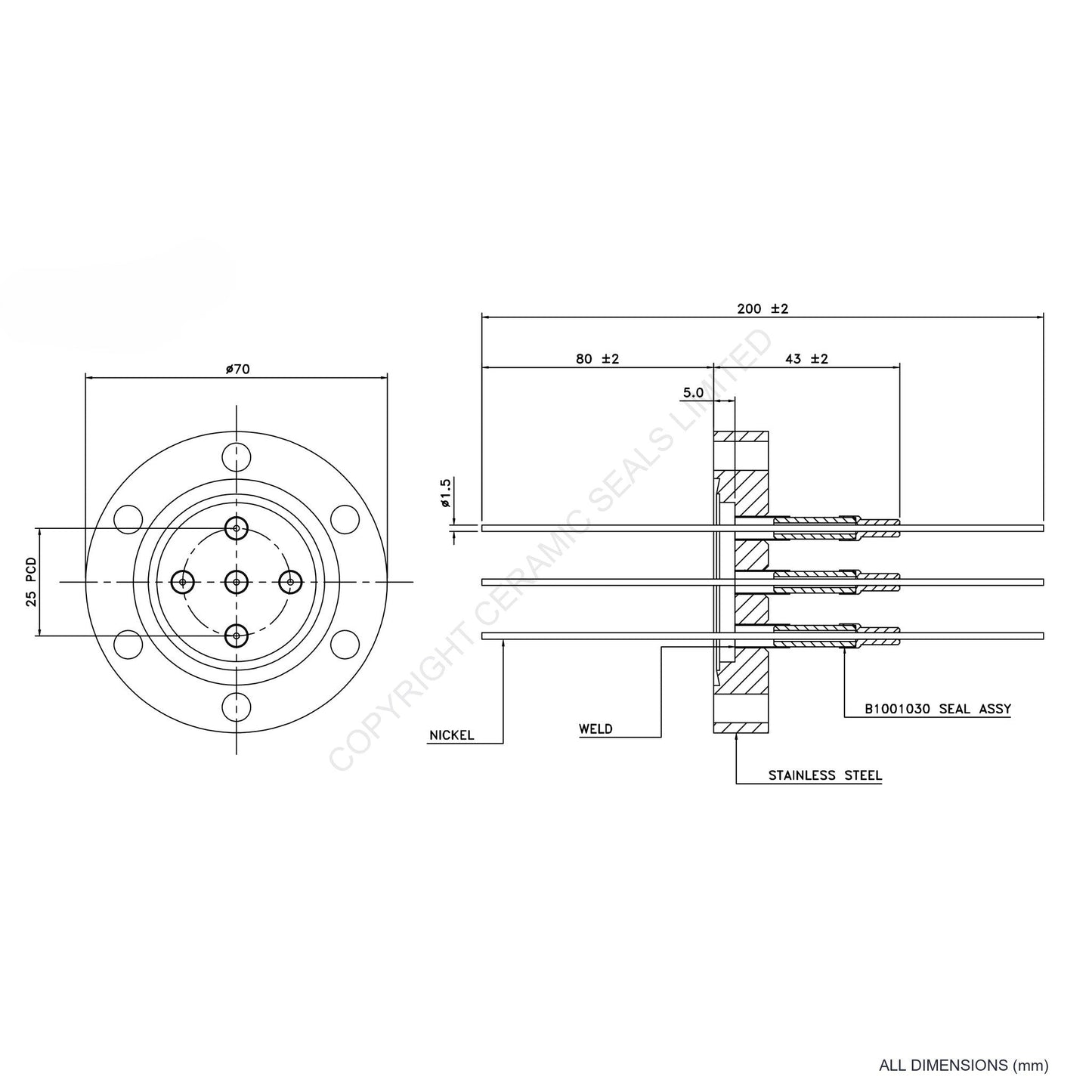 5kV Five Way Feedthrough Flanged