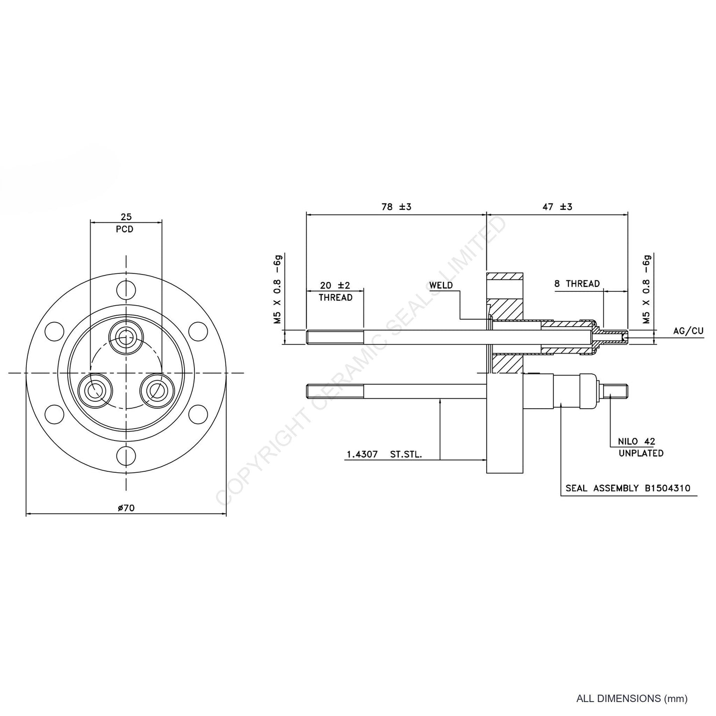 5kV Three Way Feedthrough Flanged