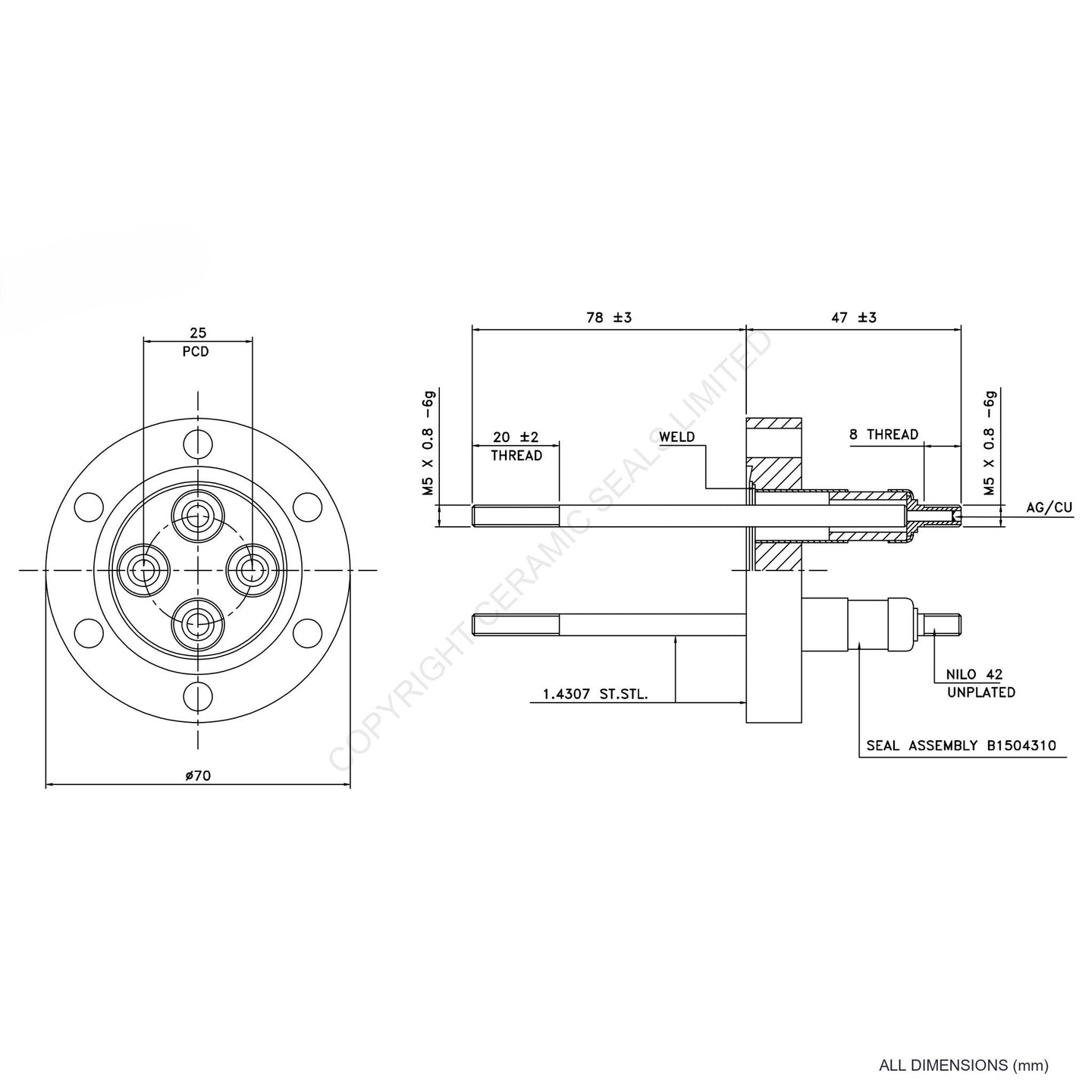 5kV Four Way Feedthrough Flanged