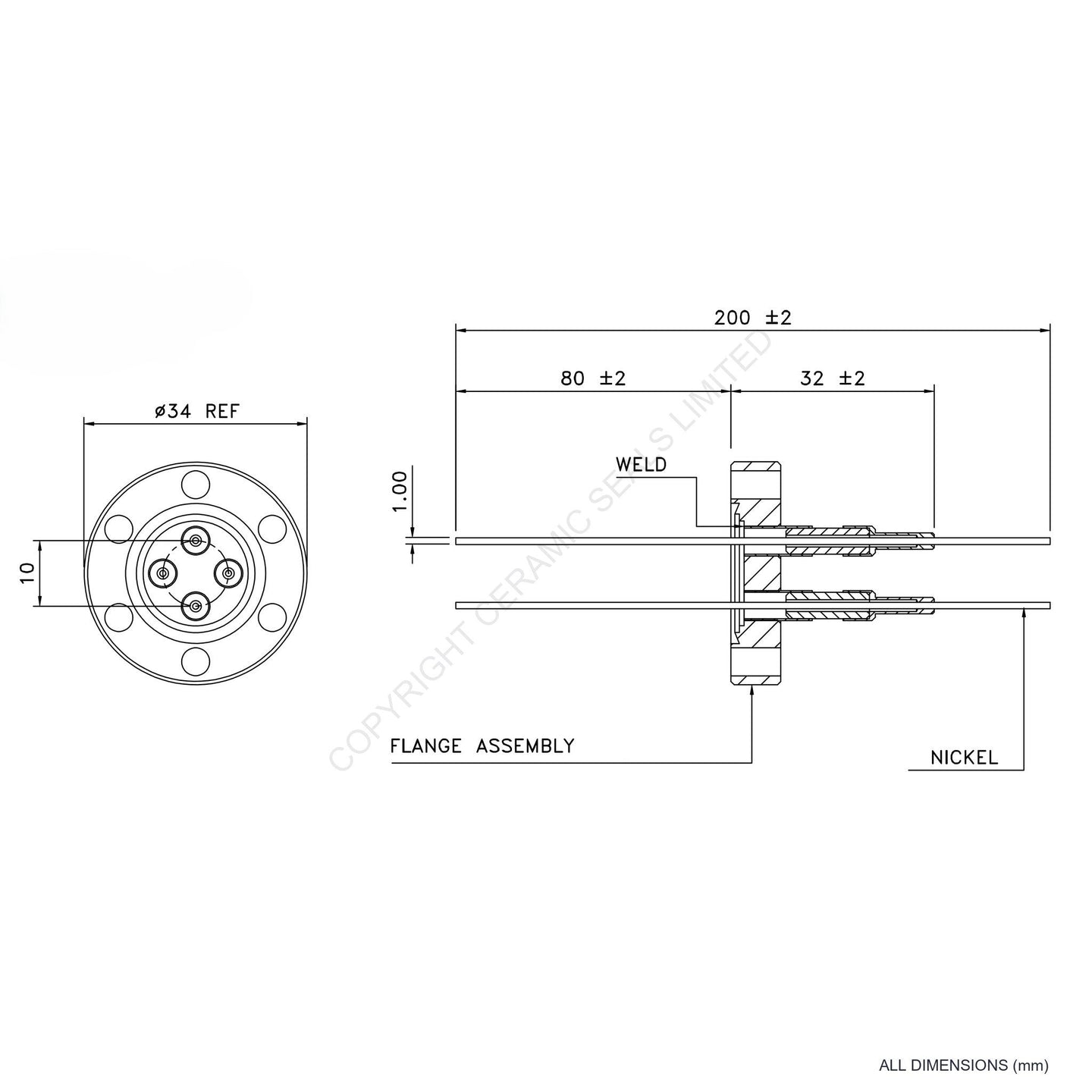 2.5kV Four Way Feedthrough Flanged