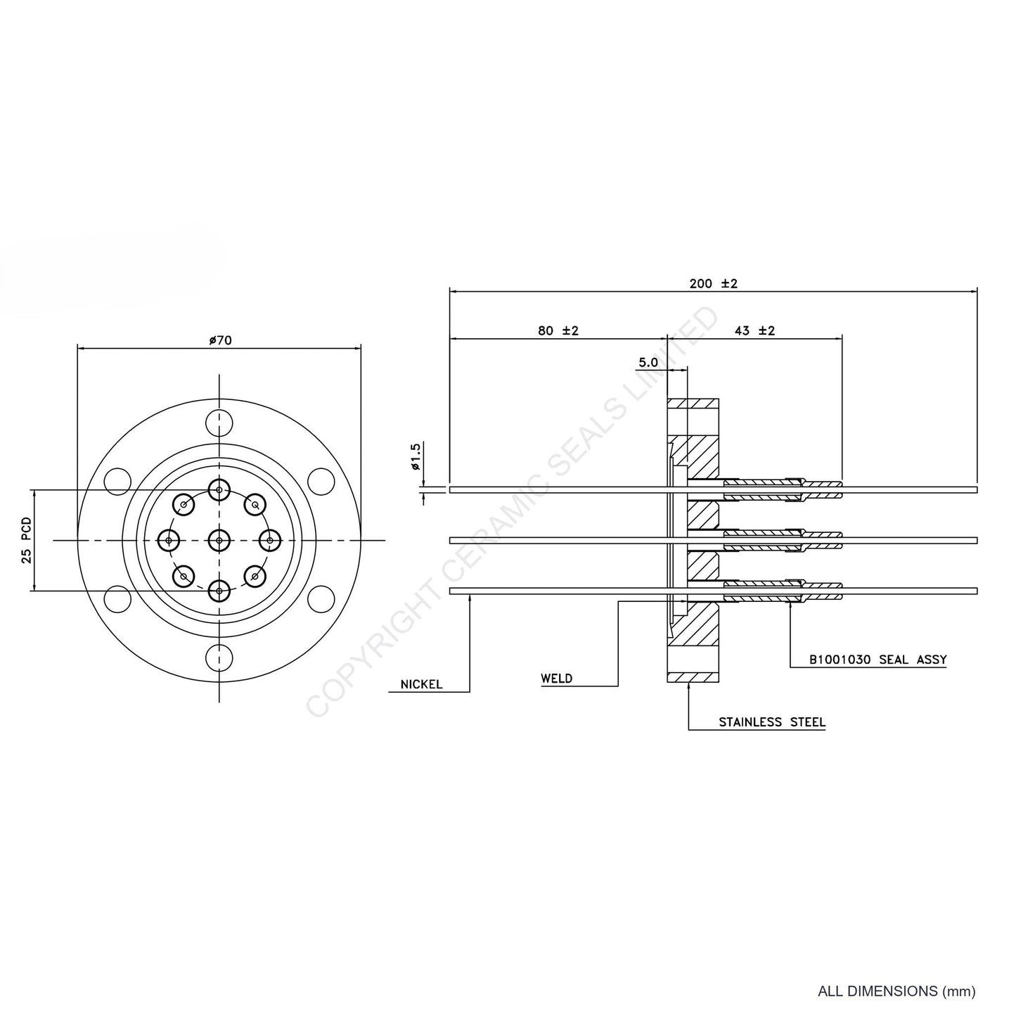 5kV Nine Way Feedthrough Flanged