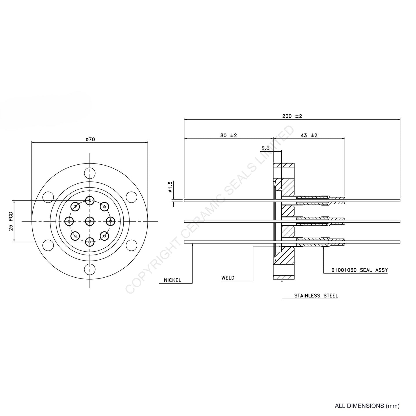5kV Nine Way Feedthrough Flanged
