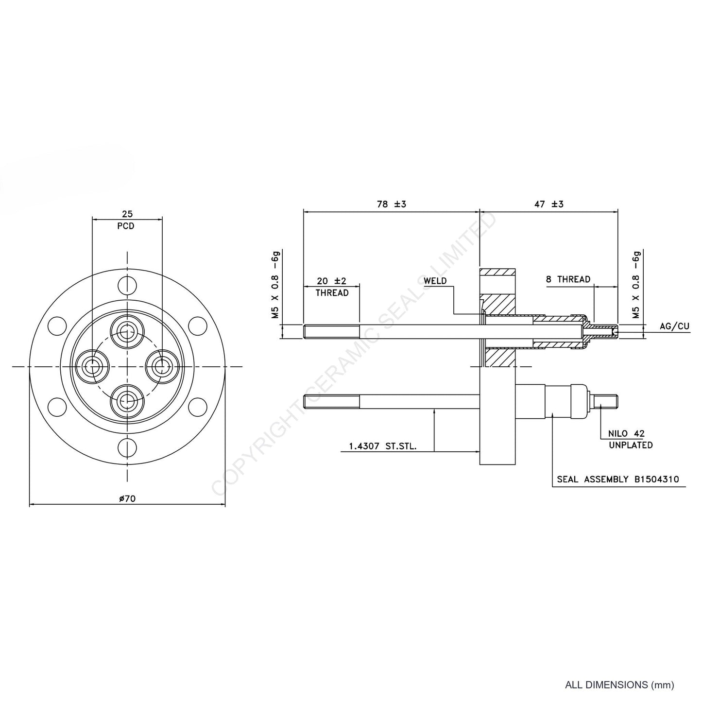 5kV Four Way Feedthrough Flanged